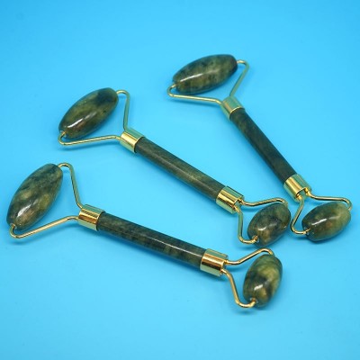 玉石滚轮按摩器 岫玉心形刮痧套装玉石美容器 双头滚轮墨绿滚轮图3