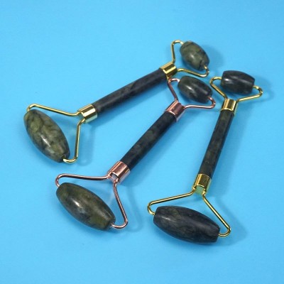 玉石滚轮按摩器 岫玉心形刮痧套装玉石美容器 双头滚轮墨绿滚轮图2