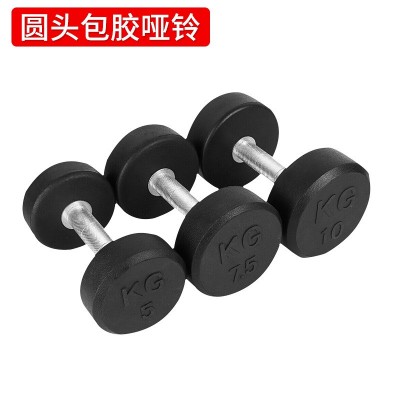 健身房商用全套黑色一体圆头包胶铸铁固定哑铃多规格橡胶哑铃杠铃图5