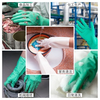 加厚款家用洗碗绿色耐油丁腈手套 汽车清洁手套工业防护橡胶手套图3