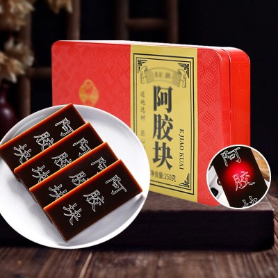 山东东阿鲁记 纯阿胶片阿胶块批发250g驴皮原块自熬阿胶糕铁盒装图2